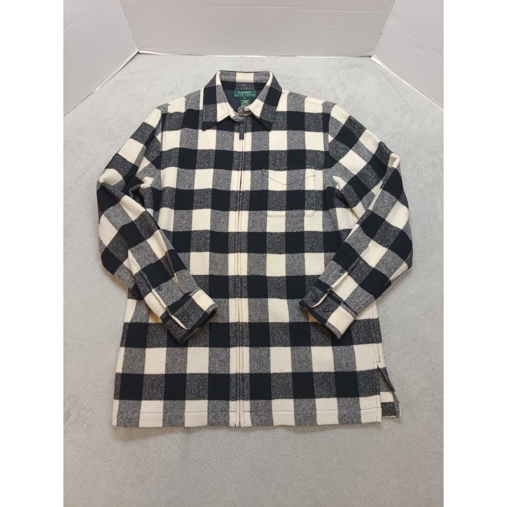 Lauren Ralph Lauren 100% Wool Shirt Jacket Women's S Black White Buffalo Check.